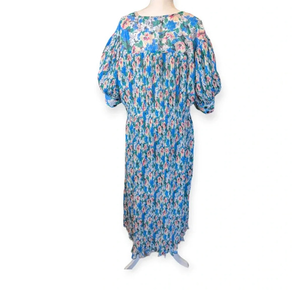 Ganni Floral Tent Dress Blue Green Midi Length Modest Pleated - Picture 14 of 16